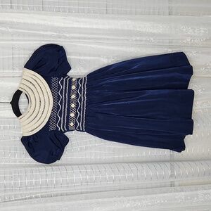 Vintage Blue W/ White Collar Puff Sleeve Tie Floral Smocked Toddler Dress Sz4T